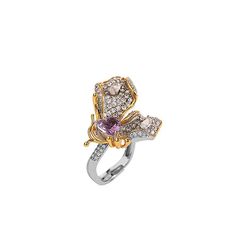 It is a delicate butterfly shaped ring with natural amethyst and shiny diamonds. The main body of the ring is in the shape of a butterfly, the head of the butterfly is inlaid with a heart-shaped natural amethyst, and the wings of the butterfly are covered with dense small diamonds, each diamond and amethyst are carefully selected and polished to ensure the high quality of the ring. The overall design of the ring is full of elegance and refinement, reflecting a unique sense of beauty and noble te Butterfly-shaped Diamond Ring, Butterfly Shaped Diamond Ring, Butterfly Shaped Diamond Ring Fine Jewelry, Elegant Cubic Zirconia Butterfly Ring, Butterfly Shaped Diamond Ring In Fine Jewelry Style, Luxury Diamond Butterfly Ring, Luxury White Gold Butterfly Ring, Diamond Butterfly Ring With Gemstone For Formal Occasions, Elegant Butterfly-shaped Rings With Diamond Accents