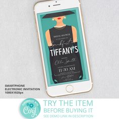 an iphone with the text tiffany's on it and a photo of a woman in a black dress