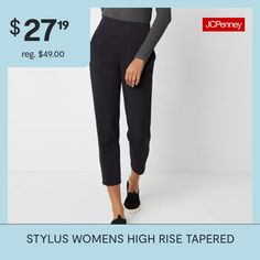 Cut for a high-rise, this pair of women's pants from Stylus is the perfect wardrobe addition for a casual or tailored look. They are made from a woven stretch fabric with a smooth elastic waistband, side and back pockets, and tapered legs that hit right at the ankle. Wear yours with a t-shirt and sneakers for an off-duty look.Front Style: Flat FrontFeatures: Stretch FabricClosure Type: Pull OnFit: Regular FitPockets: 2 Front Slip Pockets, 2 Back Faux PocketsRise: High RiseFiber Content: 83% Pol… Workwear Capris With Elastic Waistband And Tapered Leg, Tapered Leg Capris With Elastic Waistband For Work, Pull-on Style Straight Leg Capris, Workwear Capris With Pull-on Style, Straight Leg Capris With Elastic Waistband For Work, Non-stretch Workwear Capris With Elastic Waistband, High Waist Relaxed Fit Capris For Fall, Trendy High Waist Capris For Workwear, Mid-rise Black Capris