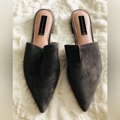 Steven Mules/Slippers, Dark Gray, Size 10 But Fit More Like A 9.5. Never Worn Casual Slip-on Slippers With Pointed Toe, Chic Slip-on Closed Toe Slippers, Slip-on Mules With Cushioned Footbed And Flat Heel, Chic Flat Slippers With Cushioned Footbed, Chic Slip-on Slippers With Flat Heel, Trendy Slippers With Removable Insole, Trendy Fall Slip-on Slippers, Trendy Pointed Toe Slip-ons For Fall, Trendy Slip-on Fall Slippers