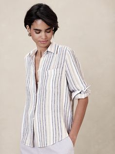 Affordable Relaxed-fit Blouse With Placket, Casual Striped Tops With Roll-up Sleeves, Versatile Long Sleeve Summer Shirt, Versatile Long Sleeve Shirt For Summer, Relaxed Long Sleeve Top With Button Closure, Effortless Spring Tops With Placket, Relaxed Fit Beach Tops With Placket, Effortless Relaxed Fit Beach Shirt, Relaxed Fit Tops With Roll-up Sleeves For Spring