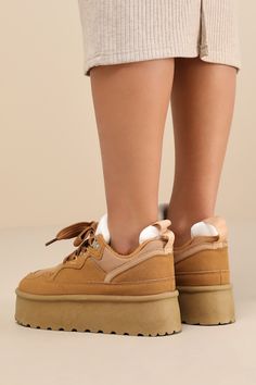 Elevate your too-cool street style (literally) with the Eilika Chestnut Suede Lace-Up Flatform Sneakers! Smooth faux suede and sleek woven fabric come together to shape these trend-setting kicks with a rounded toe and a chunky, brown lace-up vamp with a padded, faux fur-lined tongue. The low-cut collar boasts a padded pull tab that peeks out at the back, all atop an eye-catching flatform sole. 1. 75" flatform heel. Lightly cushioned insole. Rubber sole has nonskid markings. Man Made Materials. I Fall Streetwear Platform Sneakers, Brown Lace-up Platform Sneakers For Streetwear, Brown Platform Sneakers For Streetwear, Trendy Beige Suede Sneakers, Sporty Brown Platform Sneakers, Suede Platform Sneakers With Gum Sole For Streetwear, Suede High-top Platform Sneakers For Streetwear, High-top Suede Platform Sneakers For Streetwear, Casual Sneakers With Suede Overlays And Round Toe