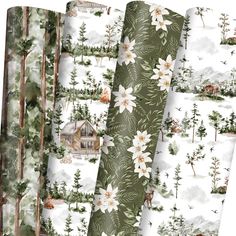 four rolls of wrapping paper with trees and flowers on them