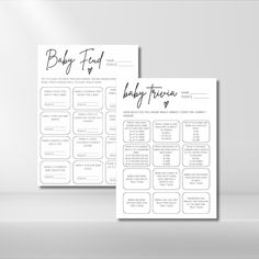 two baby food menus with black ink on white paper