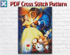 the beauty and the beast cross stitch pattern is shown on a white brick wall with an image