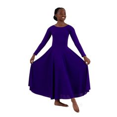 A simple classic look for your liturgical dance group. This Eurotard 13524C Polyester Dance Dress is floor length, but can be cut to any length without hemming (fabric won't run/fray). This pull-over dress has a modest round neckline and lined bodice. A classic, polyester praise dress with a modest scoop neck, long sleeves, and front lined bodice. The 'V' shaped waist fits and flatters a wide range of body types, making this style a popular concert dress for choir groups and liturgical uniform for dance ministries. The polyester material does not fray or unravel, so the skirt can be cut to any desired length without needing to be hemmed. Content: Polyester Click here For Adult Sizes Eurotard 13524 Adult Dress Shown Praise Dress, Worship Dress, Praise Dance Dresses, Concert Dress, Liturgical Dance, Dance Garments, Adult Dress, Dance Group, Concert Dresses