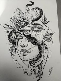 a drawing of a woman's face with a snake on her head and flowers in her hair