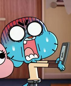 an animated cartoon character holding a cell phone with its mouth wide open and tongue out