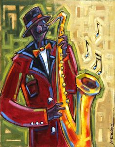 a painting of a man playing the saxophone