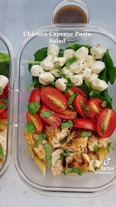 someone is holding spinach leaves in a clear container on a counter top with the words chicken caprese pasta salad above it