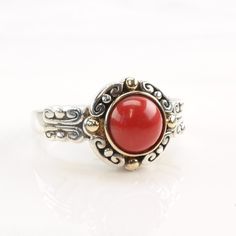 This ring is a size  (USA); It may be resized. Markings: 925, 585 (14K), China, HVE (Tested & guaranteed to be  Silver) This ring weighs 6.4 Grams The Stone/Design is Red Faux Coral 14k Gold Beads   Man-made coral  The Stone/Design measures 7.8 x 7.8 mm The condition of this ring is Estate, Very good, no stone wear, light patina  This vintage item is circa pre-2004  To have us do the resize, add this listing and the resize listing to your cart and select which size you would like this ring to be on the resize listing which may be accessed through this link: https://www.etsy.com/listing/780307949/simple-silver-ring-resize Stock# R4152Aly For more vintage sterling silver rings please visit:  https://www.etsy.com/shop/SilverStarrs925?section_id=13854217 Thank you for viewing my item!  Favorit Classic Adjustable Red Ring, Elegant Adjustable Ring With Stone Setting, Adjustable Cabochon Ring For Formal Occasions, Adjustable Cabochon Rings For Formal Occasions, Elegant Red Stackable Jewelry, Classic Adjustable Jewelry With Stone Setting, Classic Adjustable Rings With Stone Setting, Elegant Adjustable Ruby Stackable Ring, Elegant Adjustable Stackable Ruby Ring