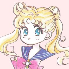 a drawing of a girl with blonde hair and blue eyes holding a pink bow in her hand