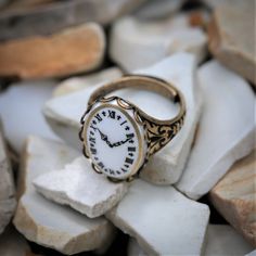 Vintage Clock Face Cameo Adjustable Ring on Silver or Brass Setting | Ragtrader Vintage Capsules Wardrobe, Clock Ring, German Clock, Chunky Silver Jewellery, Ouji Fashion, Yashiro Nene, Face Necklace, Fall 24, Aesthetic Pfp