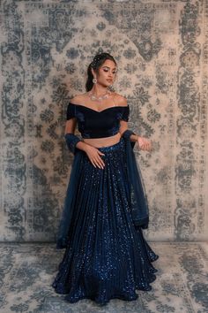 Blue Coloured Sequins Lehenga – Panache Haute Couture Simple Lehenga Designs Classy, Blue Sequin Lehenga, Lehenga Blouse Styles, Dark Blue Lehenga, Simple Lehenga Designs, Velvet Skirt Outfit, Blue Velvet Blouse, Full Sleeves Blouse Designs, Velvet Blouse Design