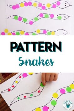 a child's hand holding up a piece of paper with the words pattern snakes on it