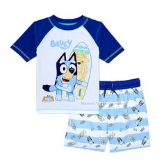 Officially Licensed Merchandise USA Seller! So you will get it fast! ***BRAND NEW WITH TAGS*** Disney BLUEY 2 - Piece Toddler Swim Set UPF 50+ Protection Available in Toddler Sizes: 2T 3T 4T (More Character swim styles can be found in my eBay store.) Surf’s Up with Bluey!  Enjoy a day at the beach, the pool or anywhere with this Rash Guard and Swim Trunk Set featuring Bluey. Make a splash and wear both pieces together or mix and match with his other swim favorites. Best of all, both the rash gua Disney Clothes For Boys, Blue Cartoon Print Swimwear For Play, Toddler Swim, Kids Swim Trunks, Toddler Boy Swim Trunks, Toddler Swimming, Boys Swim Trunks, Swim Sets, Boys Swim