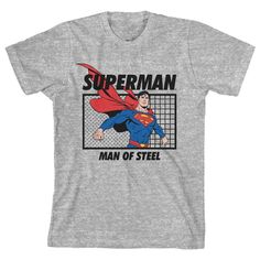 a grey superman t - shirt with the words man of steel in front of it