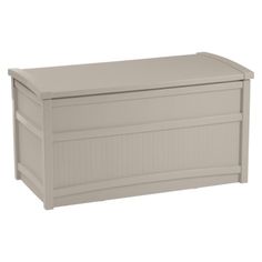 an outdoor storage box with lid in sand colored plastic, on a white background for use as a planter