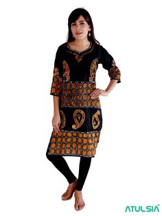 The machine embroidered women orange black colored batik kurti is satin cotton fabric. It is suitable for ethnic wear. Orange Black