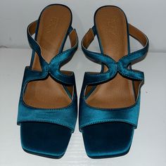 Turquoise Satin Starpy Heeled Sandal | Size 7 | Never Worn Turquoise Ankle Strap Heels For Summer, Chic Turquoise Sandals For Summer, Summer Turquoise Ankle Strap Heels, Turquoise Round Toe Heels For Summer, Turquoise Ankle Strap Sandals For Summer, Turquoise High Heels For Summer, Summer Ankle Strap Sandals In Turquoise, Summer Party Turquoise Heels, Turquoise Open Toe Sandals For Party