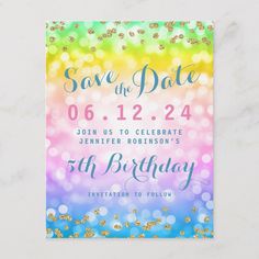 save the date party card with glitter confetti and rainbow hues on it