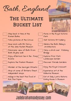 the ultimate bucket list for bath, england with pictures and text overlaying it