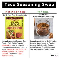 the ingredients for taco seasoning swap are shown in two separate pictures, one is labeled