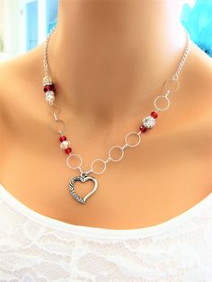 Sweetheart Valentine Necklace Red Beaded by RalstonOriginals Beaded Jewelry For Anniversary On Valentine's Day, Valentine's Day Anniversary Beaded Jewelry, Silver Beaded Necklaces For Valentine's Day, Valentine's Day Beaded Crystal Jewelry, Valentine's Day Gift Necklace With Faceted Beads, Crystal Beaded Jewelry For Valentine's Day, Silver Beaded Necklace For Valentine's Day Gift, Necklaces With Crystals, Short Beaded Necklace