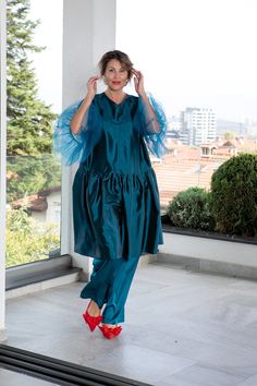 Two Piece Set of Elegant Blue Taffeta Dress and Palazzo Pants Women Clothing Chic and Stylish Ensemble for Holiday and Any Occasion - Etsy Chic Evening Sets In Organza, Chic Organza Evening Sets, Satin Evening Sets For Spring, Spring Evening Satin Sets, Blue Evening Pants For Spring, Evening Blue Pants For Spring, Silk Sets For Spring Evening, Silk Evening Sets For Spring, Blue Silk Evening Sets