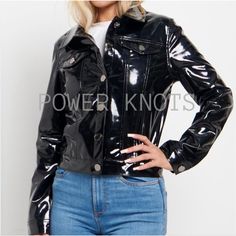 Women's Black Patent Solid Motorcycle Biker Leather Jacket with Leather Belt, Women's Black Biker Leather Jacket, Black Vinyl Effect Jacket - from Power Knots. Material Type : 100% Genuine/Real Soft Lambskin Leather. Made in Patent Leather. These are Replicas to PVC Vinyl, but in Genuine/Real Leather. These are Heat Pressed using Industry Machinary for Subtle Contrast. Collar : Mandarin Style Stand Collar Pattern : Solid Fit : Tailored Fit Closure Type : Front Zipper Closure. Hemline : Straight Hemline. Sleeves Style : Long Sleeves. Number of Pockets : Inner Pockets : 1 Outer Pockets : 2 Side Welted Pockets and 2 chest pocket Color : Black patent Lining Material : Inner Lining : 100% Premium Lining. Sleeve Lining : 100% Viscose Lining. Gender : Women/ Female Good For : Bomber, Pilot, Casua Black Biker Denim Jacket For Fall, Biker Leather Jacket, Biker Leather, Pvc Vinyl, Collar Pattern, Leather Jacket Black, Leather Cleaning, Trucker Jacket, Black Vinyl