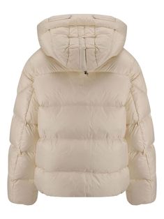 Winter White Nylon Puffer Outerwear, Beige Puffer Jacket With Double-lined Hood, Beige Puffer Jacket With Double-lined Hood And Long Sleeves, Beige Long Sleeve Puffer Jacket With Double-lined Hood, Long Sleeve Duck Down Puffer Jacket With Drawstring Hood, Duck Down Puffer Jacket With Drawstring Hood, Quilted Nylon Outerwear In Winter White, Winter White Quilted Nylon Outerwear, White Duck Down Outerwear With Detachable Hood