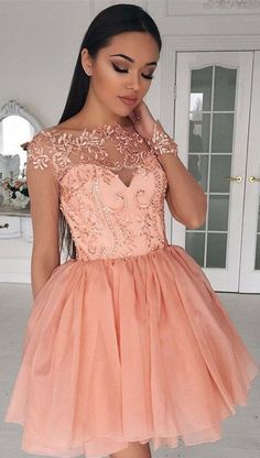 Glamorous Coral Homecoming Dresses Lace Beaded Puffy Hoco Dress Coral Homecoming Dresses, Long Sleeve Homecoming Dress, Cap Sleeve Prom Dress, Short Homecoming Dress, Dress Chiffon, Short Prom Dress, Dresses Cocktail