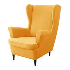 an upholstered yellow chair with black legs and foot rests against a white background