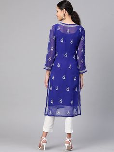 Spring V-neck Kurta With Chikankari Embroidery, Cotton V-neck Dress With Chikankari Embroidery, Semi-stitched Chikankari Embroidery Fabric For Summer, Blue Chikankari Embroidery V-neck Kurta, Summer V-neck Tunic With Chikankari Embroidery, Kurta Dress, Types Of Embroidery, Embroidery Suits, Fabric Care