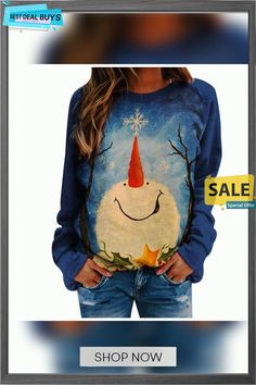 Christmas Print Fleece Sweatshirt Casual Long Sleeve T-shirt For Winter, Cozy Fit Long Sleeve Graphic Print Tops, Winter Cozy Fit Long Sleeve Tops, Blue Long Sleeve Christmas Tops, Cozy Fit Long Sleeve Winter Top, Cozy Long Sleeve Tops For Winter, Blue Long Sleeve Tops For Christmas, Christmas Cotton Long Sleeve Sweater, Winter Crew Neck T-shirt Relaxed Fit