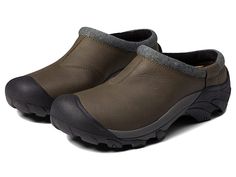 KEEN Targhee II Clog - Men's Clog Shoes : Pewter/Black : Get that rugged look while carrying out your daily adventures with ease and comfort wearing the KEEN Targhee II Clogs. Upper is made of environmentally preferred premium leather from an LWG-certified tannery. Breathable textile lining. Removable PU insole for long-lasting comfort. Iconic KEEN fit with generous space across forefoot for toes to spread out. Eco odor control technology to repel odor and keep your feet fresh all day. Slip-on c Casual Waterproof Boots With Cushioned Footbed For Adventure, Comfortable Durable Clogs For Outdoor Activities, Casual Green Leather Waterproof Boots, Brown Slip-on Waterproof Boots For Outdoor Activities, Rugged Slip-on Waterproof Hiking Boots, Rugged Waterproof Slip-on Hiking Boots, Casual Brown Clogs For Outdoor Activities, Leather Slip-on Clogs For Outdoor, Comfortable Durable Outdoor Clogs