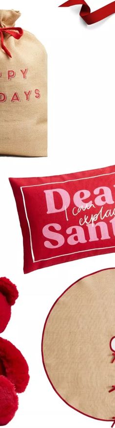 three christmas decorations including a santa hat, table cloths and a bag with the words dear santa written on it