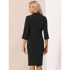 The elegant skirt-suit set is designed to make you look polished and professional in any corporate setting. The collarless blazer adds a modern touch to this classic ensemble, while the pencil skirt provides a flattering silhouette. Made from soft materials, this suit set offers excellent durability and comfort throughout the day. Whether you're attending an important meeting or presenting in the boardroom, this outfit will exude confidence and style. Black Formal Office Sets, Black Formal Sets For Office, Fitted Professional Skirt Suit For Formal Occasions, Elegant Black Sets For Workwear, Elegant Pencil Skirt Suit For Semi-formal Occasions, Fitted Professional Career Suits, Black Office Lady Sets For Office Wear, Professional Fitted Suit For Career, Black Office Lady Sets