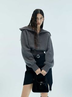 MO&Co. X Coperni Collection | Women's Wide Lapel Zip Detail Pullover with Wool and Cashmere Chic Winter Polo Sweater, Fall Cashmere Half-zip Sweater, Wool Half-zip Sweater For Fall, Fall Wool Half-zip Sweater, Chic Wool Polo Sweater For Winter, Chic Winter Wool Polo Sweater, Zip Design, Grey Knit Sweater, Sweater Making