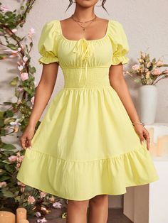 Women's Puff Sleeve Waist-Cinched Dress Yellow Casual  Short Sleeve Woven Fabric Plain A Line Non-Stretch  Women Clothing, size features are:Bust: ,Length: ,Sleeve Length: Yellow Dress Cheap, Yellow Short Dress, Cute Yellow Dress, Yellow Dress Casual, Cute Yellow Dresses, Pink Purple Dress, Grad Pics, Yellow Blouse, Puffed Sleeves Dress