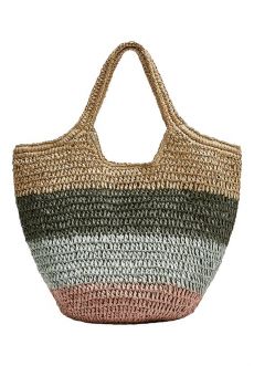 a multicolored straw tote bag on a white background with a pink, green and blue stripe