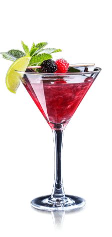 a red drink with berries and mint garnish in a martini glass on a white background