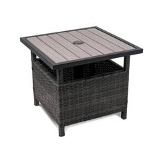 an outdoor side table with a wooden top and wicker bottom, on white background