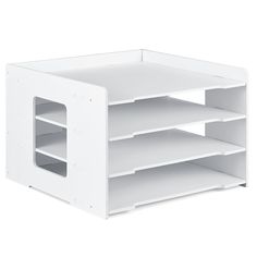 a white shelf with three shelves on each side and two open compartments at the top