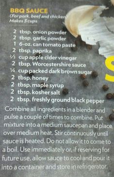 the ingredients for bbq sauce are shown in this recipe book, which is filled with black pepper