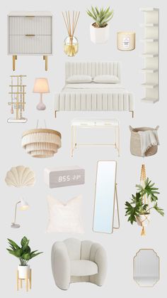 an assortment of white furniture and accessories