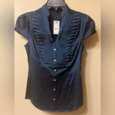 Express Blouse Size: Xs Color: Blue/Black New With Tags Indigo Washed Button-up Top, Blue Rayon V-neck Blouse, Black Lace Shirt, Boho Fits, Butterfly Sleeve Blouse, Blue Rayon V-neck Top, White Cotton Blouse, Blue Vertical Stripes Button-up Blouse, Leopard Blouse