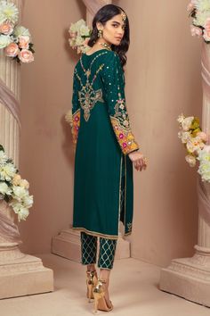 Laana | Pakistani Designer Outfit | Sarosh Salman Embellished Straight Kurta For Navratri, Festival Embellished Straight Kurta, Green Embellished Kurta With Traditional Drape, Embellished Green Kurta, Traditional Embellished Green Palazzo Set, Green Embellished Straight Kurta Dress, Designer Anarkali Embellished Kurta, Anarkali Embellished Designer Wear Kurta, Anarkali Embellished Kurta For Designer Occasions