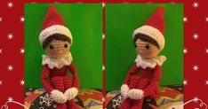 two pictures of a crocheted elf sitting next to each other