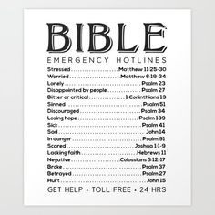 a white poster with the words bible emergency hollines in black and white on it